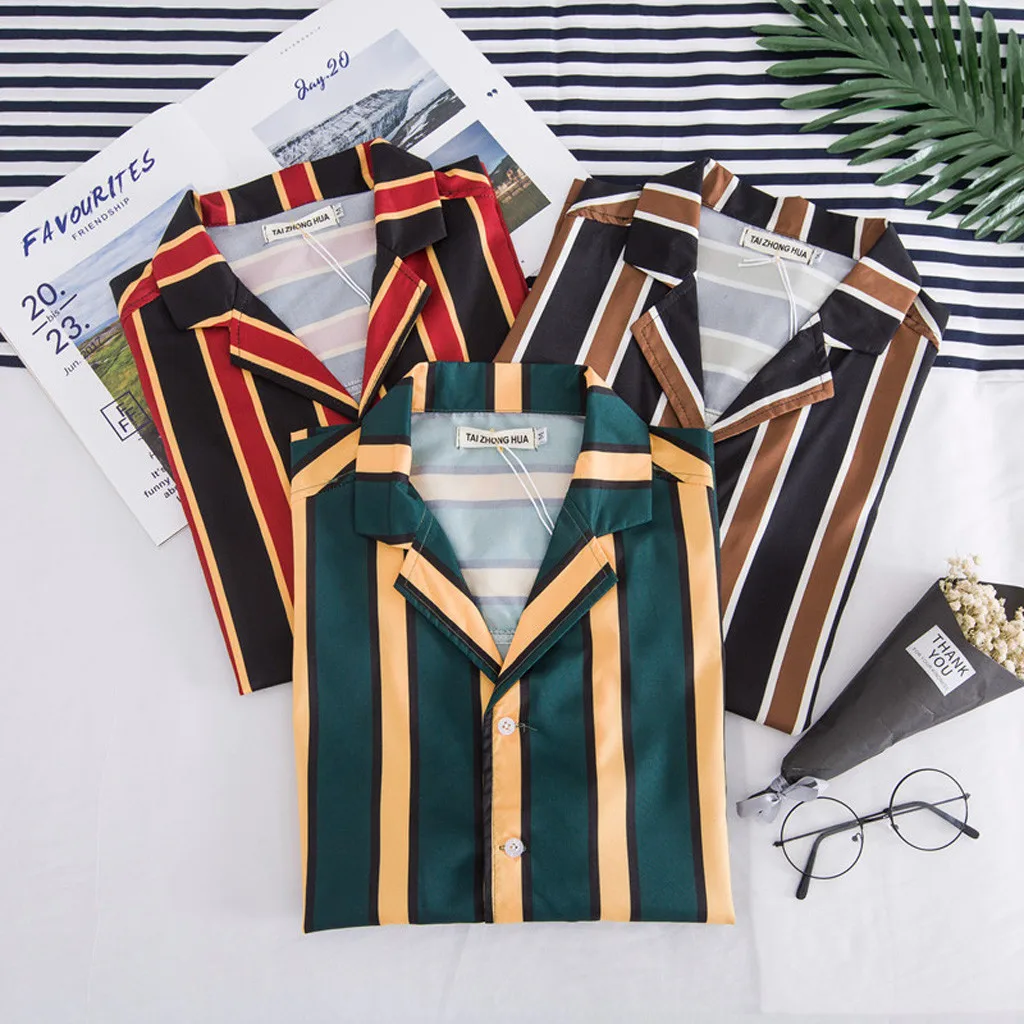 

2019 Mens Summer Fashion Striped Shirts Casual Short Sleeve Beach Tops Loose Casual Blouse