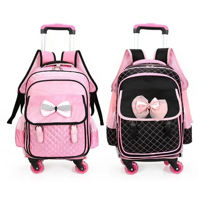 4 wheels girls School Wheeled Bags Children Trolley satchel backpack