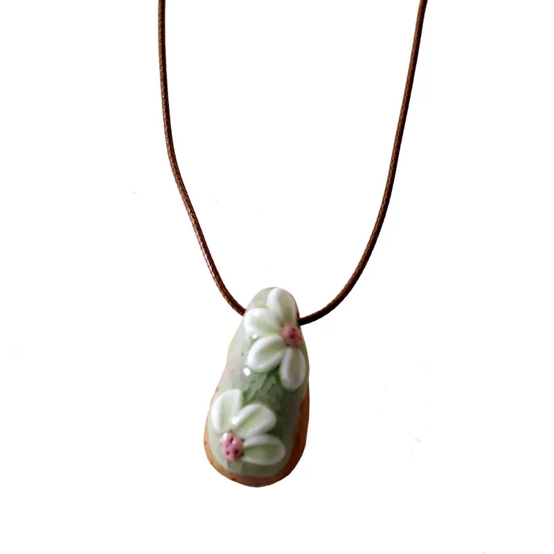 

Ethnic Style Ceramic Necklace Handmade Porcelain Pendant Wax Rope Sweater Necklace For Women Men Jewelry Decoration