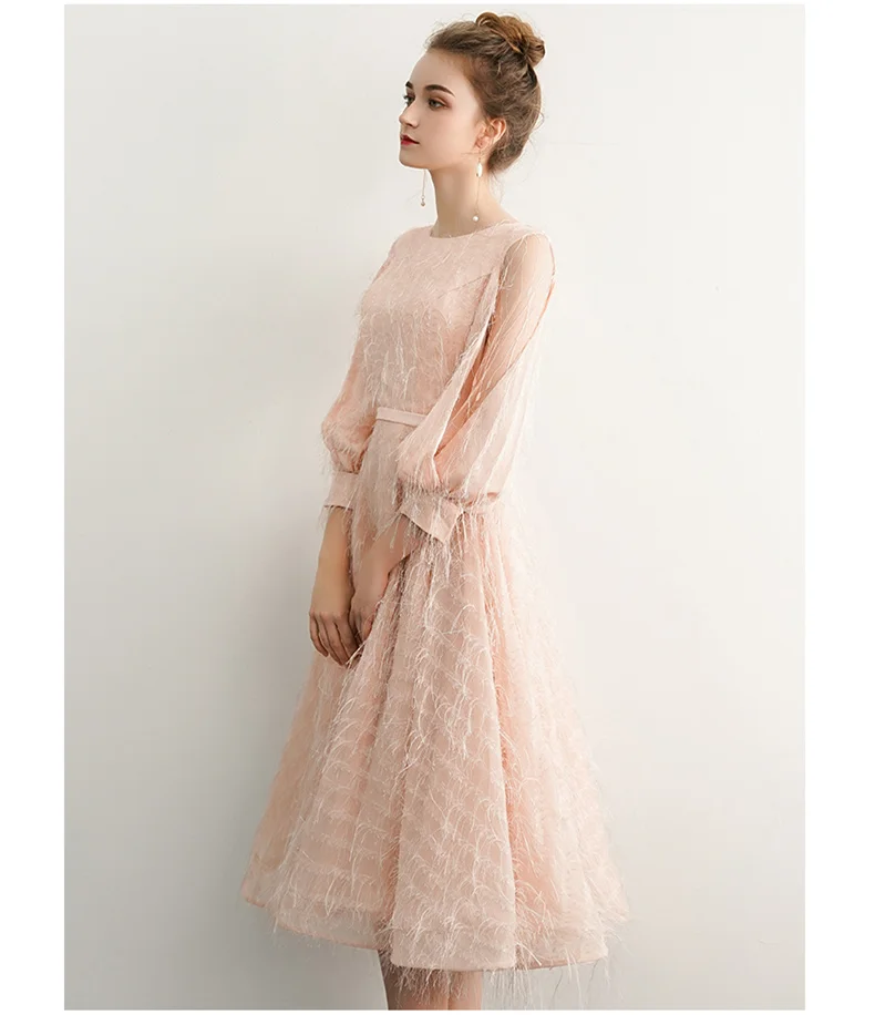 Robe Cocktail New Pink Cocktail Dress Tea Length 3/4 Sleeve Tassel Formal Prom Party Gown Simple Robe De Cocktail Courte