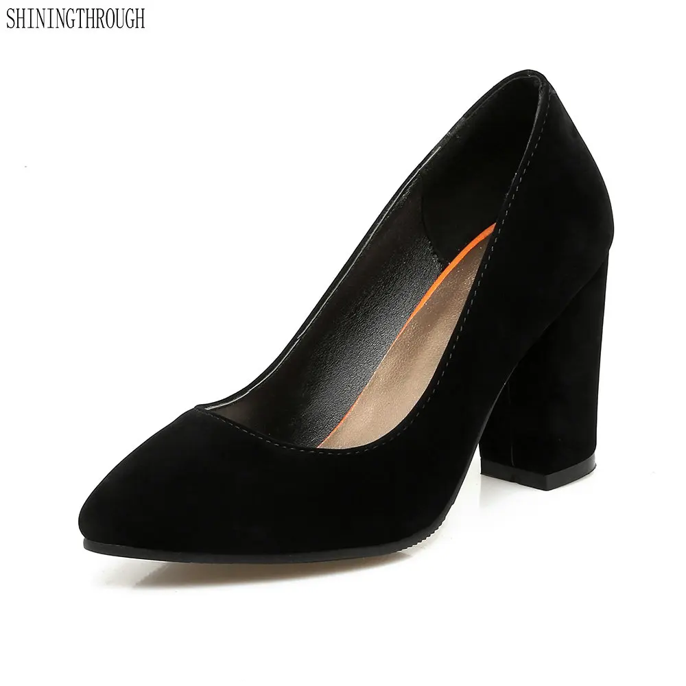 

Woman Velvet Shoes Black Ladies dress Shoes Womens Pointed Toe high Heels Pumps Square Heeled Female Shoe zapatos mujer