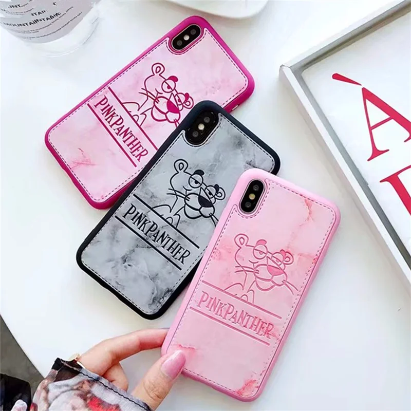 

Cute For iPhone 6 6s 6 Plus PU marble Leather Cartoon Love Cases Soft Pink Panther Soft Shell Cover for iPhone 7 8 Plus X