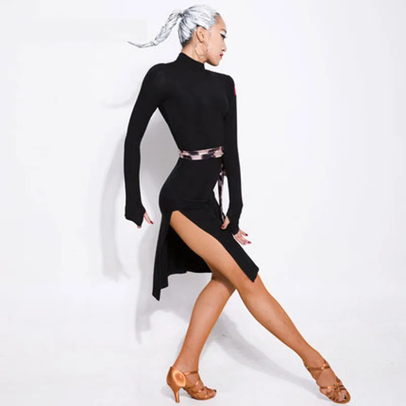 

Side Slits Long Sleeve Black/Caramel Colour Adult Latin Dance Dress for Performance Size from S to XXL A0117