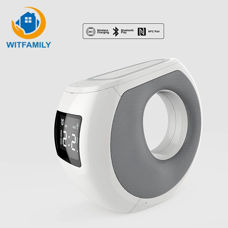 

Design Stylish Multifunction Charging Stereo Speakers LCD Display Handsfree Wireless Desktop Alarm Clock with NFC AUX Playback