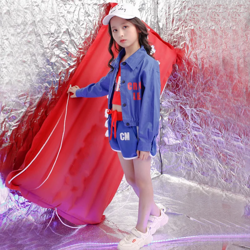 Children Hip Hop Clothing Crop Blue Jacket Top Vest Running Casual shorts for Girl Kid Jazz Dance Costume Wear Ballroom Dancing  (1)