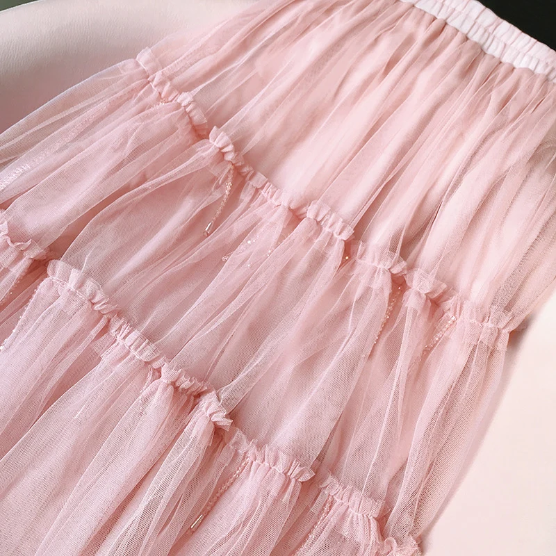 Surmiitro 3 слоя бисером Женская юбка из тюля корейские демисезонные Элегантные Высокая талия Женская плиссированная юбка длинная школьная юбка
