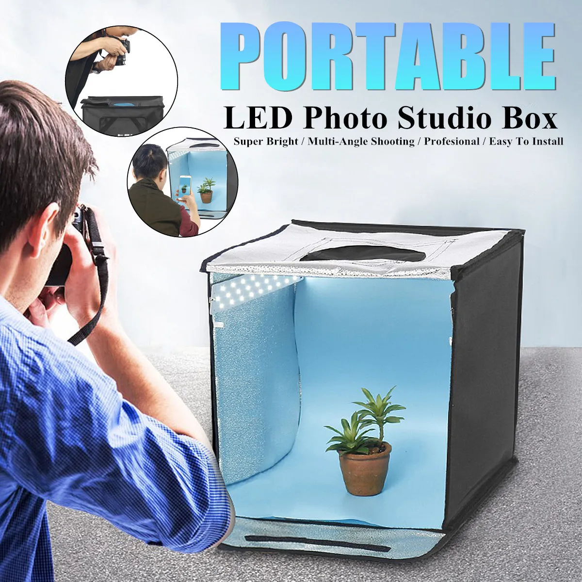 

Collapsible Photography Tent + Light Absorbing Cloth Soft Cloth LED Light Bars 3 x Background Papers Super Bright Portable