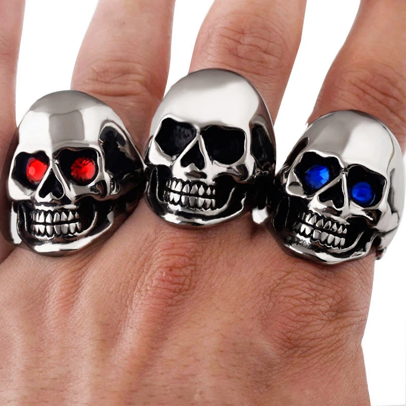 Men's Solid Skull Ring Gothic Punk Biker Rider Red/Blue Eyes Ring Vintage Stainless Steel Skeleton Finger Band Rings Men Jewelry