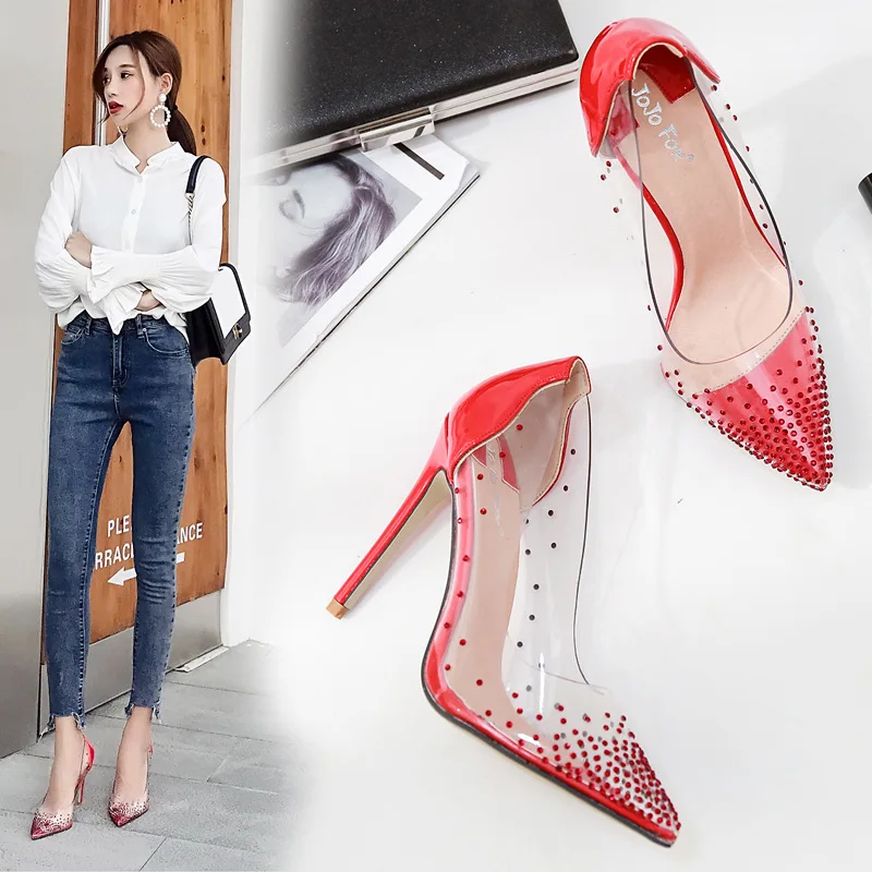 Koovan Women's Pumps High Heel Summer Shoes 2019 Transparent Rhinestone Pointed Shallow Single Shoe Coloring Women's Shoes