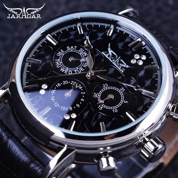 

Jaragar 3 Dial Ripple Design Genuine Leather Fashion Casual Silver Case Mens Watches Top Brand Luxury Automatic Mechanical Watch