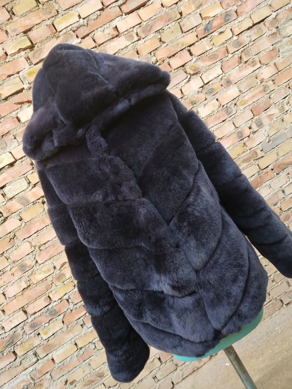 Short Light Grey Diagonal Stripes Rex-Fur Hooded Coat Jacket Black Real Fur Coat Top Overcoat Blazer Custom Hoodie Warm Jackets