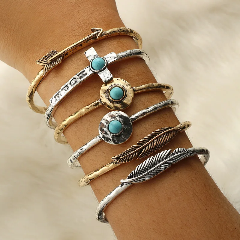 

Leaf Cross Arrow Charm Bracelet Vintage Cuff Bracelet Bangle for Women Antique Silver Gold Women's Bracelets Accessories 2019