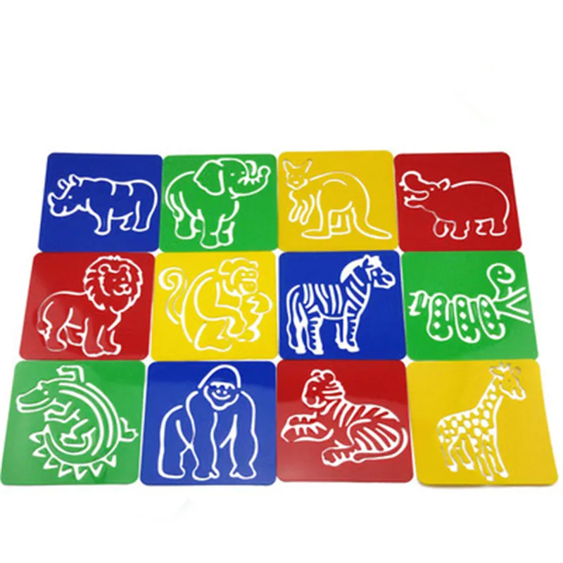 

12Designs/set Stencils for painting Zoo animal Kids drawing templates Plastic boards baby hot toys for children 128x128x0.6mm