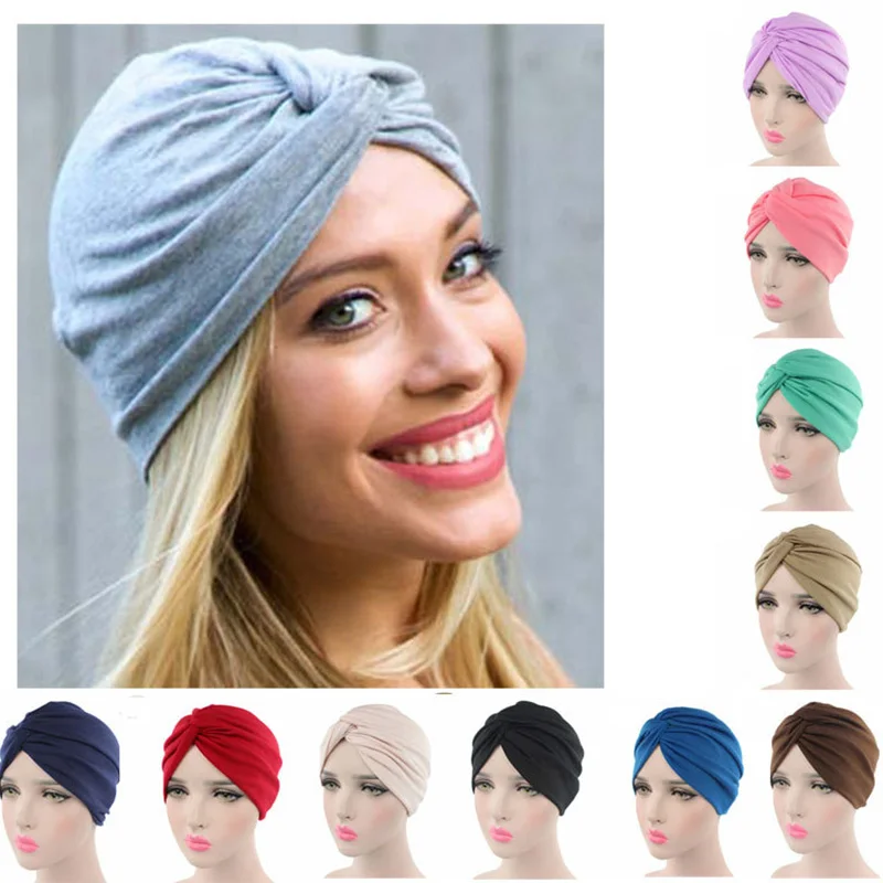

Hot sale headwaerhat Soft cotton elastic Turban Hat Chemo Hat Hair Covering Hijab Beanie Head Wrap twist Turban Doo Rag
