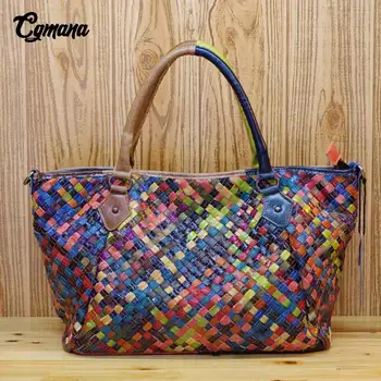

CGmana 100% Genuine Leather Women Handbag 2018 Fashion Colored Sheepskin Weave Handbags Shoulder Messenger Bag Casual Tote Bag