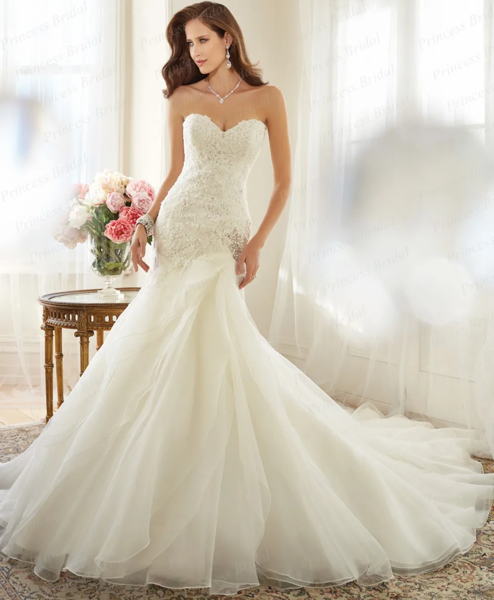 Vestido De Novia Vintage Fishtail Sweetheeart Neckline Corset Back Sweep Train Ivory Organza font b Wedding