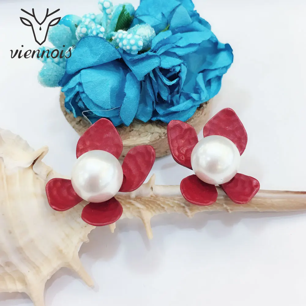 Viennois Dark Blue/Red Color Flower Stud Earrings For women Simulated Pearl Sweet Earrings