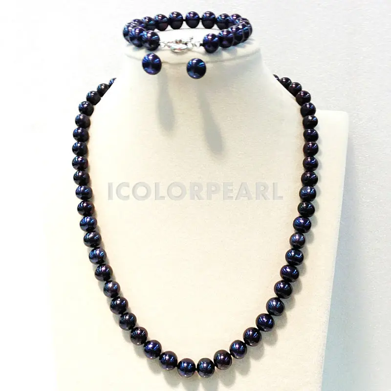 Wholesale Price For Shiny 20" Long 9mm Round Black freshwater Pearl Set.(Necklace+Bracelet+Earrings). Free Shipping!
