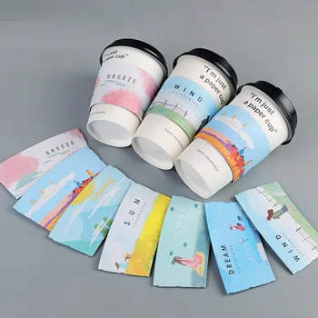 

50pcs Cup Sleeve For 12/16oz Disposable Cups 7 Pattern Double-deck Corrugated Paper Coffee Tea Cup Sleeve Anti-hot Customized