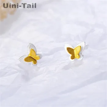 

Uini-Tail hot new 925 sterling silver double stereo scrub mini butterfly earrings gold wings high quality student accessories