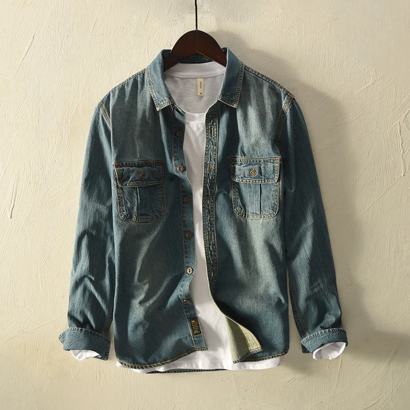 

Autumn Fashion Streetwear Men Shirts Japanese Style Retro Vintage Designer Denim Shirts Men Long Sleeve Leisure Casual Shirt