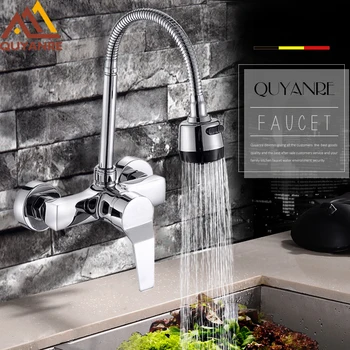 

Quyanre Chrome Wall Mount Swivel Kitchen Faucet Dual Hole Single Handle Mixer Tap With Sprayer Dual Flow Flexible Hose Faucet