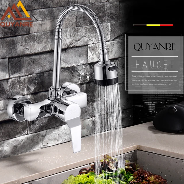 Best Price Quyanre Chrome Wall Mount Swivel Kitchen Faucet Dual Hole Single Handle Mixer Tap With Sprayer Dual Flow Flexible Hose Faucet