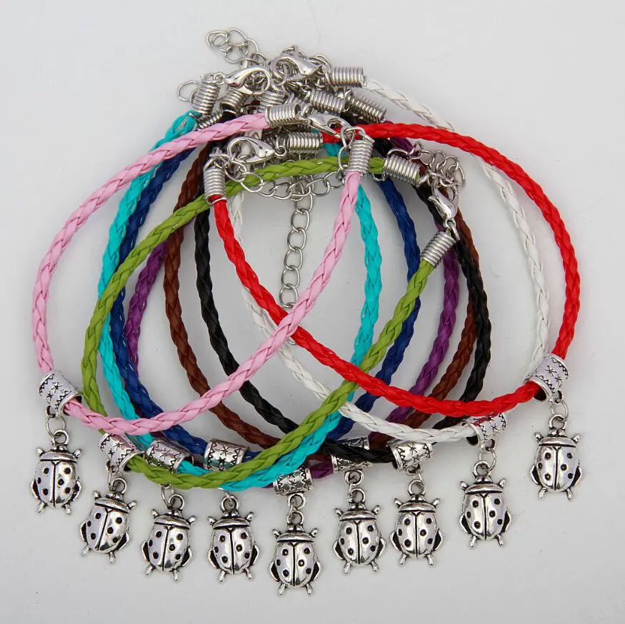 

Hot Sell 50pcs Vintage Silver Ladybug Charms Pendants Mixed Color Braided Rope Bracelets Fashion Jewelry DIY For Women&Men S959