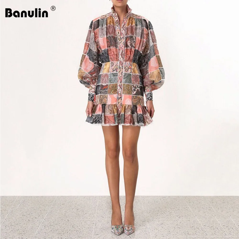 

Banulin Runway Summer Dresses 2019 Women's Vintage Lantern Sleeve Mini Dress Vestidos Elegant Lace Chiffon Patchwork Plaid Dress