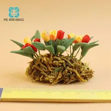 1:12 Кукольный домик миниатюрные глиняные растения садовые-Готовые желтые с красным тюльпаном на открытом воздухе