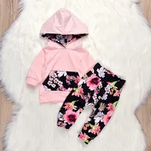 Коллекция года, зимняя одежда для маленьких девочек комплекты со штанами с цветочным принтом для девочек Одежда для Новорожденные девочки топы с капюшоном, футболка+ штаны с цветочным рисунком