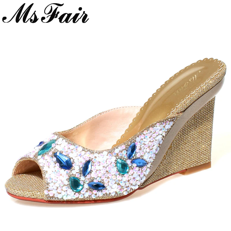 

MsFair Wedges Peep Toe Sandals Women Fashion Crystal High Heels Sandals Women Shoes Zapatos Mujer Sandales Femme 2018 Nouveau