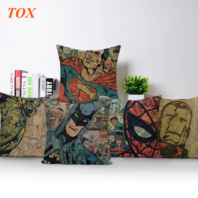 

TOX Comic Superhero Cushion Cover Vintage Wonder Woman Superman Batman Spider Man Cushion Covers Sofa Car Decorative Pillow Case