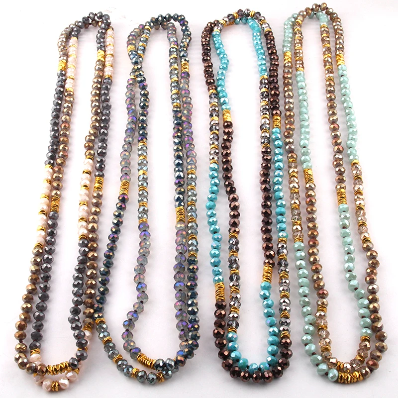 

Fashion Bohemian Jewelry long Knotted Halsband Metal Spacer Multi Crystal Necklace Free Shipping