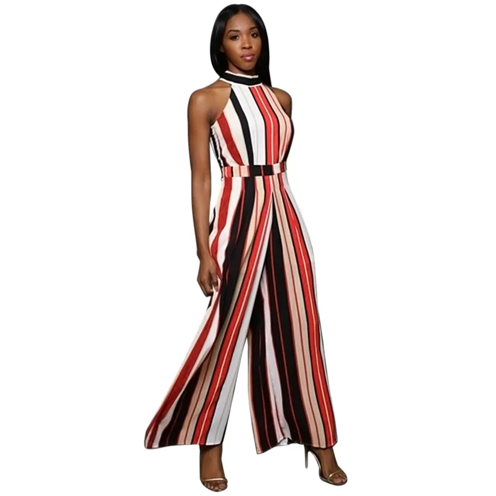 jumpsuit summer women Sleeveless Turtleneck Stripes High Waist Flared