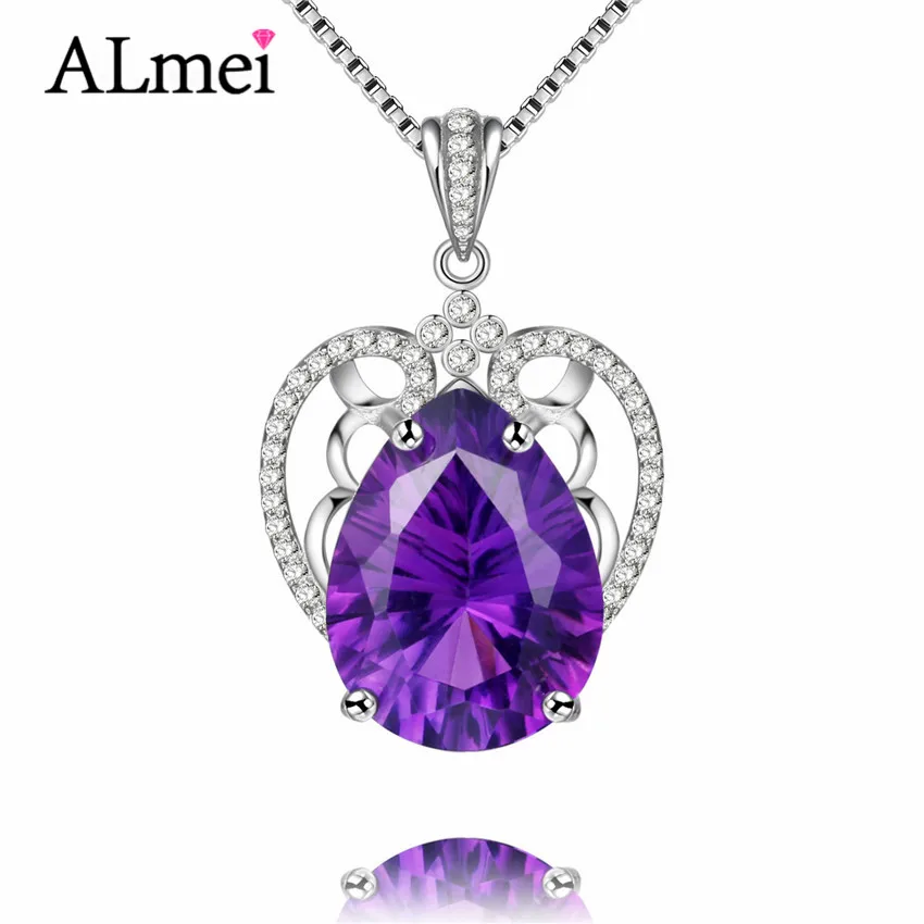 Purple Almei 925 пробы Серебряные ожерелья естественного фиолетового цвета с камнями в форме капли Аметистовые ювелирные изделия Большой отделка из горного хрусталя для Для женщин подарок с коробкой CN031 - Цвет камня: Purple