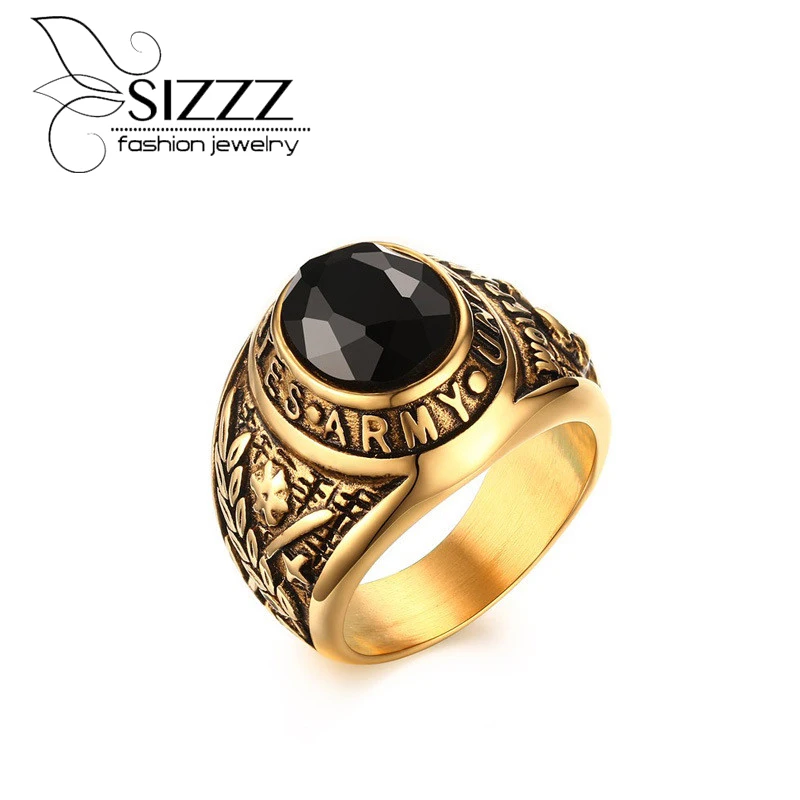 

SIZZZ Jewelry Men's Stainless Steel United States Army Red Black Oval Glass Stone Ring