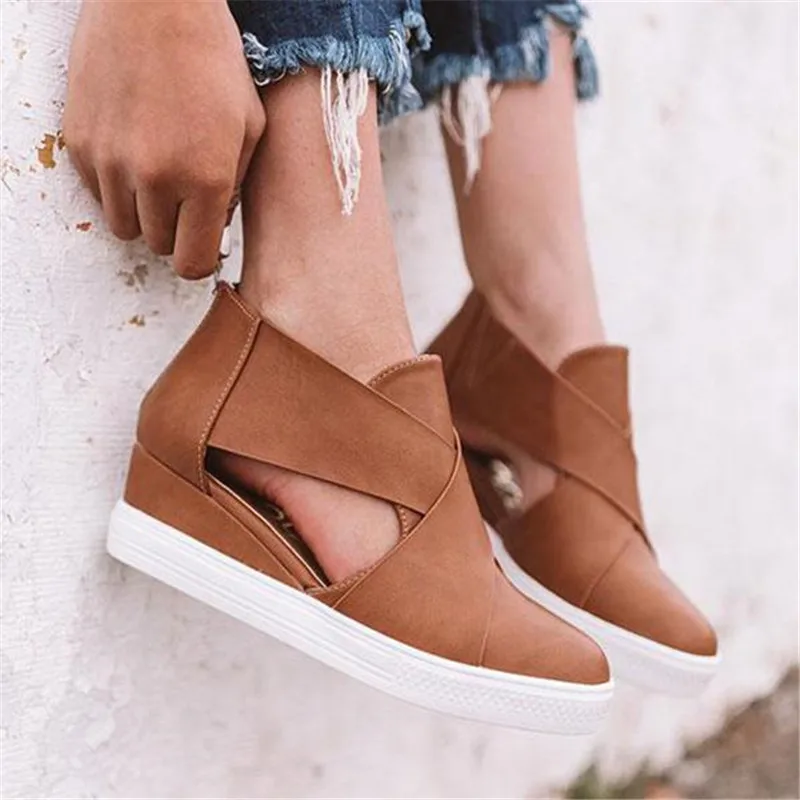 

Adisputent New Women Increased Wedges Vulcanized Shoes Autumn Cut Outs Zipper Female Suede Sneakers Ladies Fashion Footwear