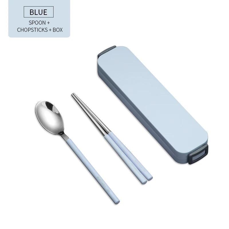 Blue 3 Set WORTHBUY, портативный набор посуды для путешествий, 304 нержавеющая сталь, набор посуды с ручкой из пшеничной соломы, кухонные столовые приборы, столовый набор - Цвет: Blue 3 Set