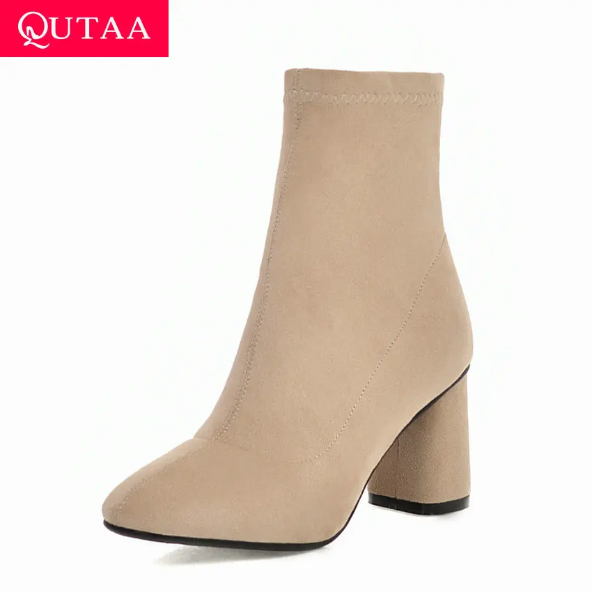 QUTAA Winter Round Toe Warm Fur Zipper Casual Women Shoes Fashion Square High Heel Concise Flock Ankle Boots Size 34-43