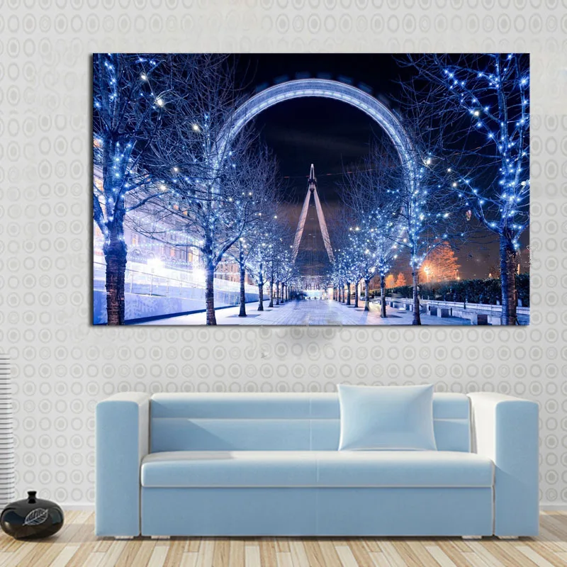 

1 pcs Romantic Night View With White LEDTreesThe Ferris Wheel HD Picture Modern Home Wall Decor Canvas Print Oil Painting