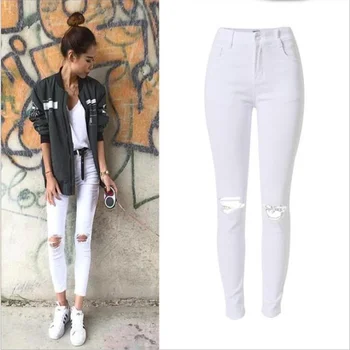 

SupSindy Women jeans European style High waist skinny jeans ladies ripped jeans for women White Slim Pencil Pants denim trousers