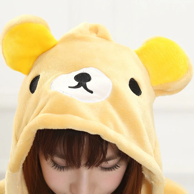 Adult Kigurumi Onesie Anime Women Costume Rilakkuma Bear Halloween Cosplay Cartoon Animal Sleepwear Winter Warm Hooded Pajama