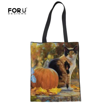 

FORUDESIGNS Kawaii Cat Recycling Women Linen Shopping Bags Cute Print Teen Girls Tote Bags Casual Reusable Supermarket Eco Bags