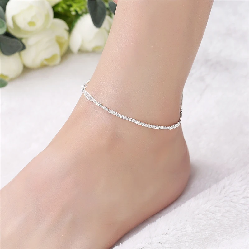 

Top Quality 925 Sterling Silver Bracelets For Women Jewelry Simple Charm Beads Anklet Accessories For Girls Gift KB113