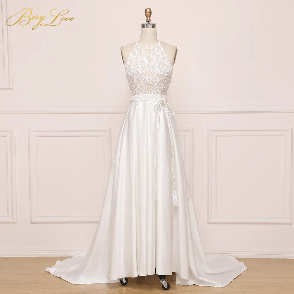 

BeryLove Illusion A Line Ivory Wedding Dresses 2019 Halter Embroidery Lace Satin Wedding Gowns Women Bridal Dresses Marriage