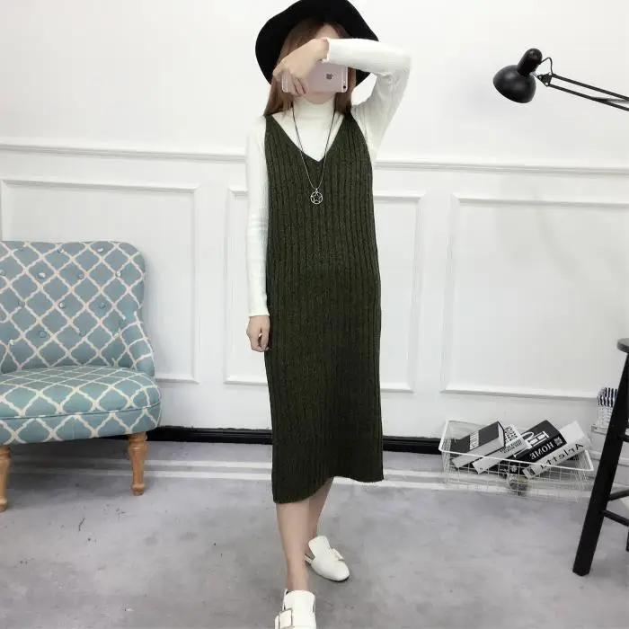 Baratos Otoño nuevo vestido de punto con correa para mujer vestido de punto liso de Color liso para mujer vestido Midi informal básico de invierno que combina con todo vestido espagueti