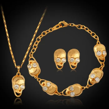 

Vintage Skeleton Bracelet Pendant Necklace Earrings For Women Gold Color Rhinestone Crystal Trendy Jewelry Sets PEH316