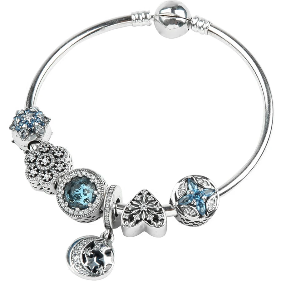 

100% 925 Sterling Silver Brand New 1:1 Genuine Ocean Heart Charm Bracelet Fairytale Star Lady Bracelet Set Jewelry