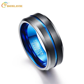 

Anillos para hombres 8mm Polishing Fashion Men Ring 100% Tungsten Carbide Blue Black Wedding Bands Pierscienie